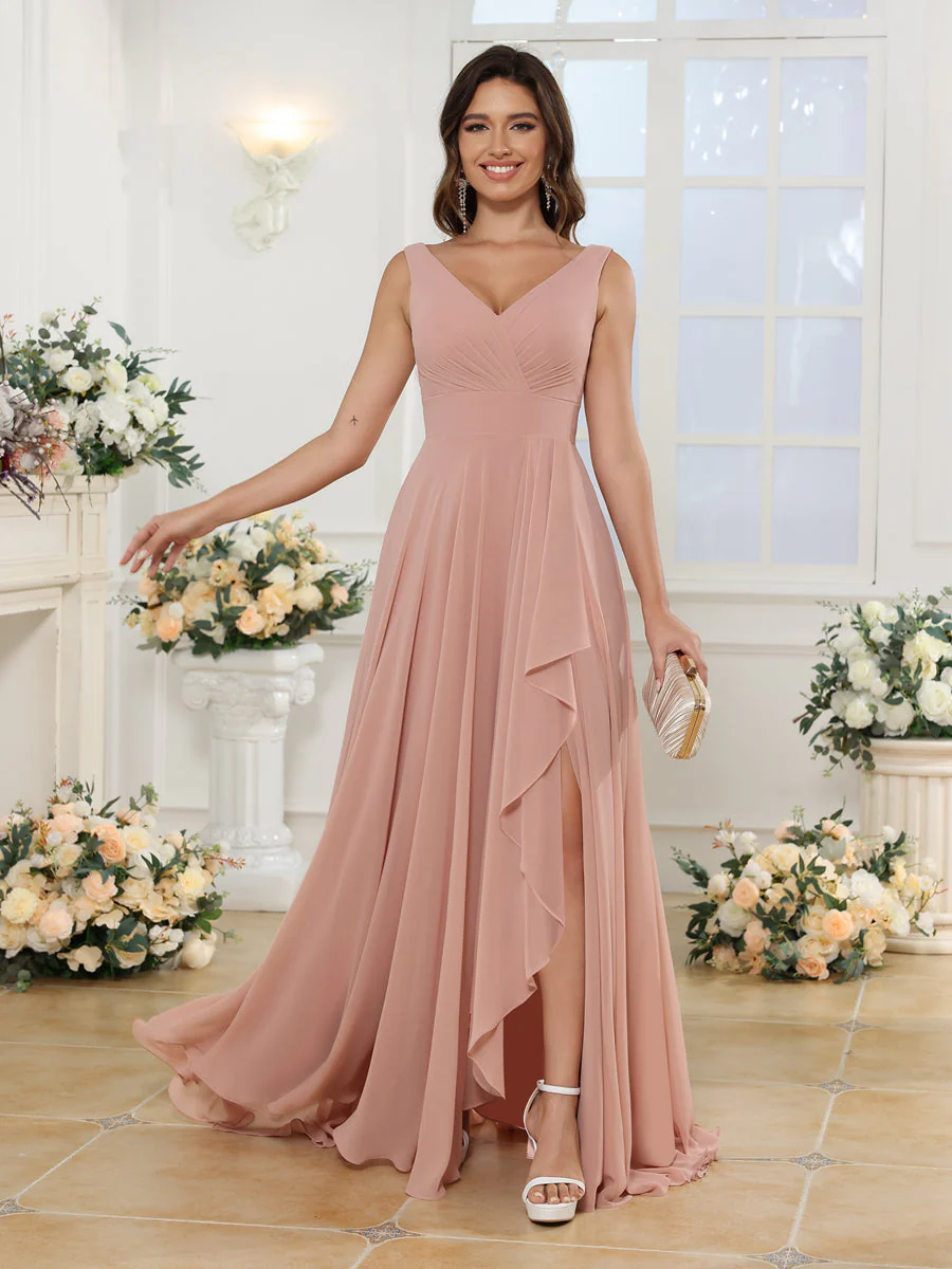 A-Line/Princess V-Neck Long Wedding Party Dresses with Split Side & Pockets - Image 7