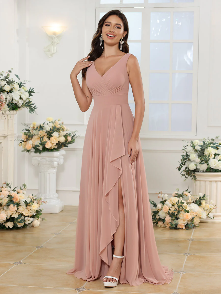 A-Line/Princess V-Neck Long Wedding Party Dresses with Split Side & Pockets - Image 8