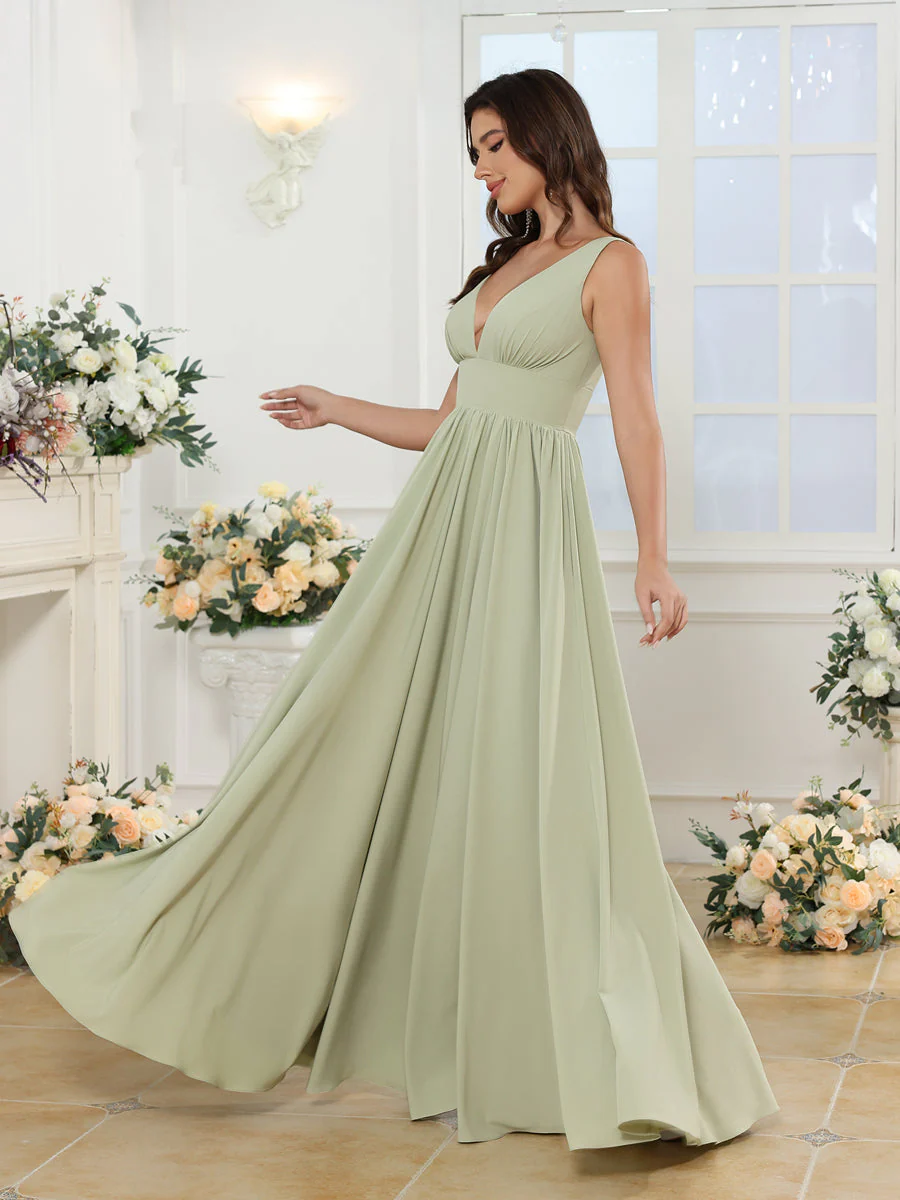 A-Line/Princess V-Neck Long Wedding Party Dresses with Split Side & Pockets - Image 8