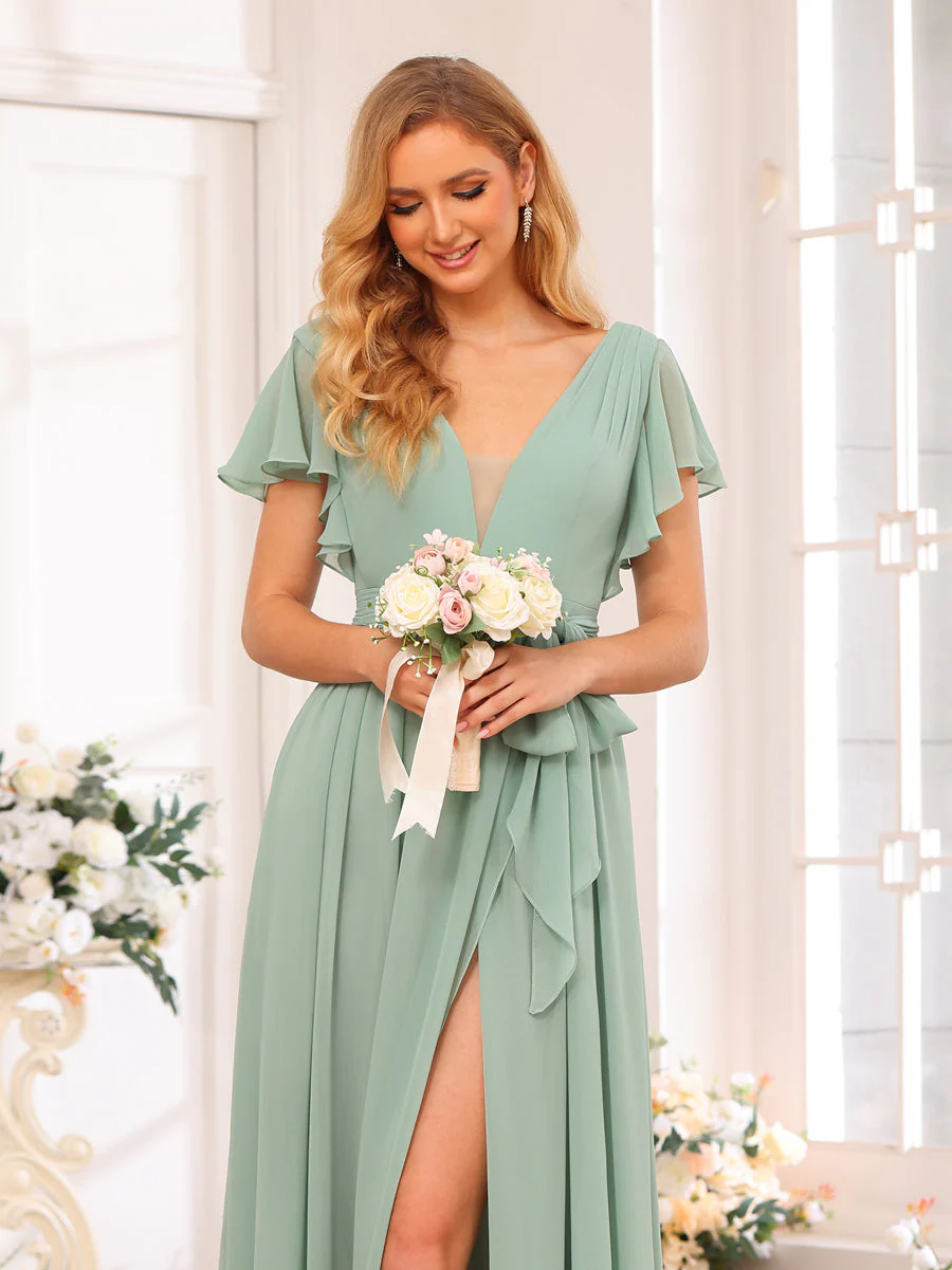 A-Line/Princess V-Neck Long Wedding Party Dresses with Split Side & Sash - Image 7
