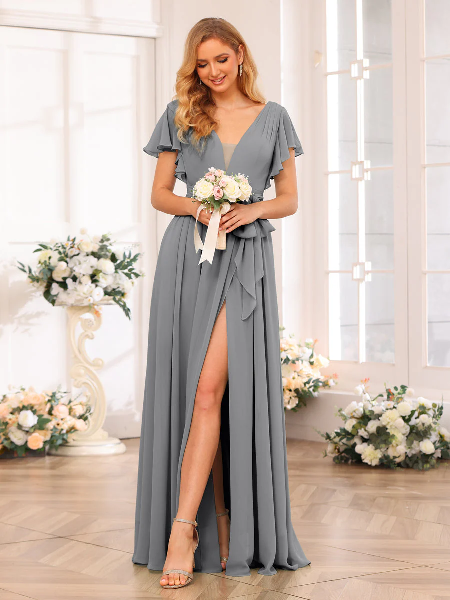 A-Line/Princess V-Neck Long Wedding Party Dresses with Split Side & Sash - Image 77