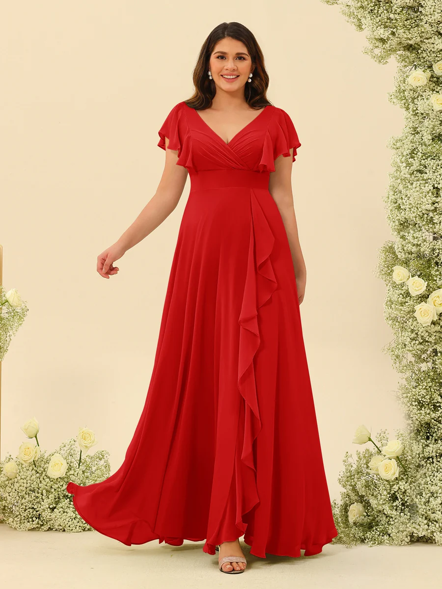A-Line/Princess V-Neck Plus Size Bridesmaid Dresses with Ruffles - Image 32