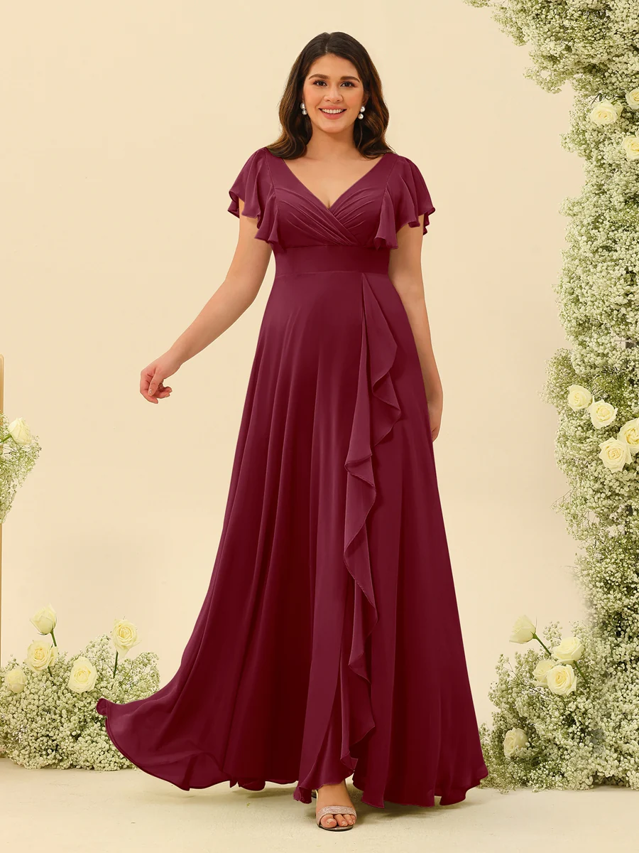 A-Line/Princess V-Neck Plus Size Bridesmaid Dresses with Ruffles - Image 34