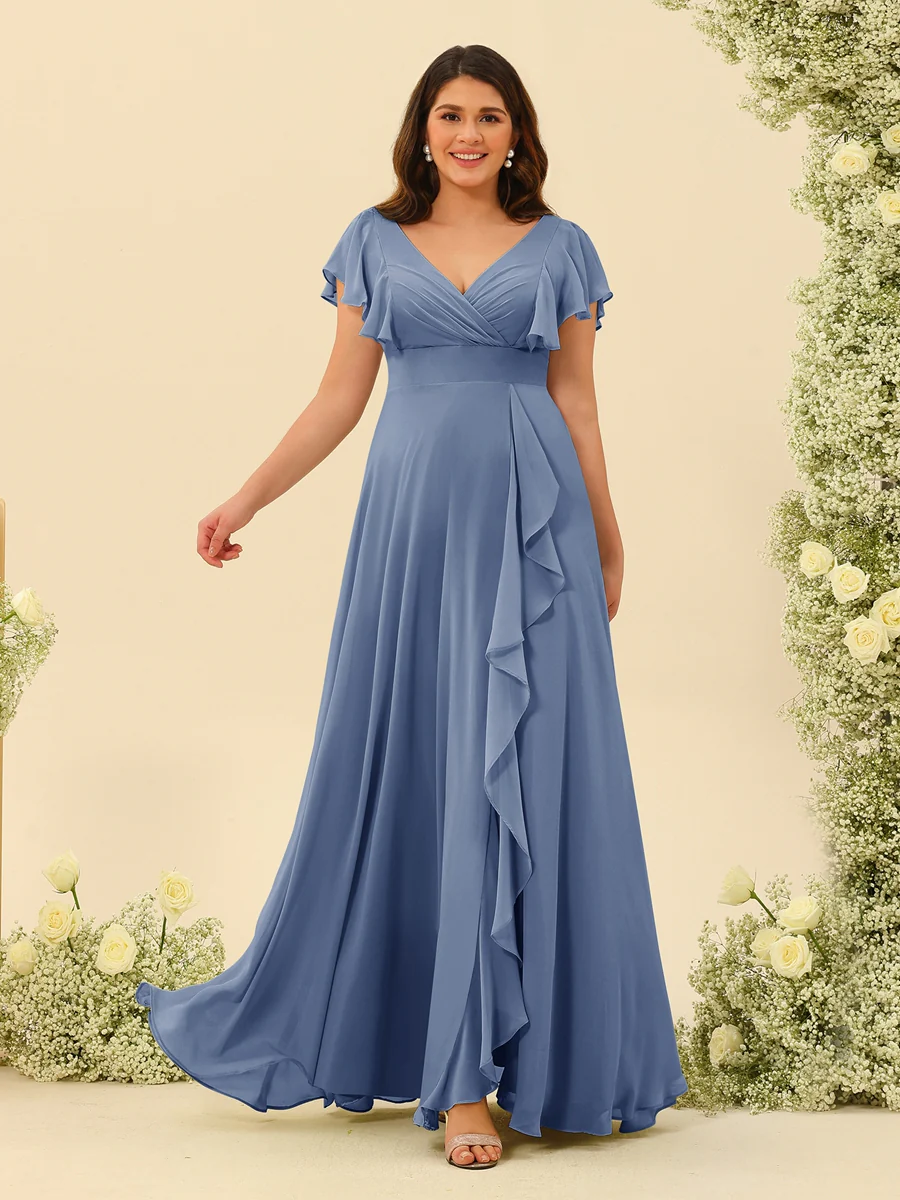 A-Line/Princess V-Neck Plus Size Bridesmaid Dresses with Ruffles - Image 47