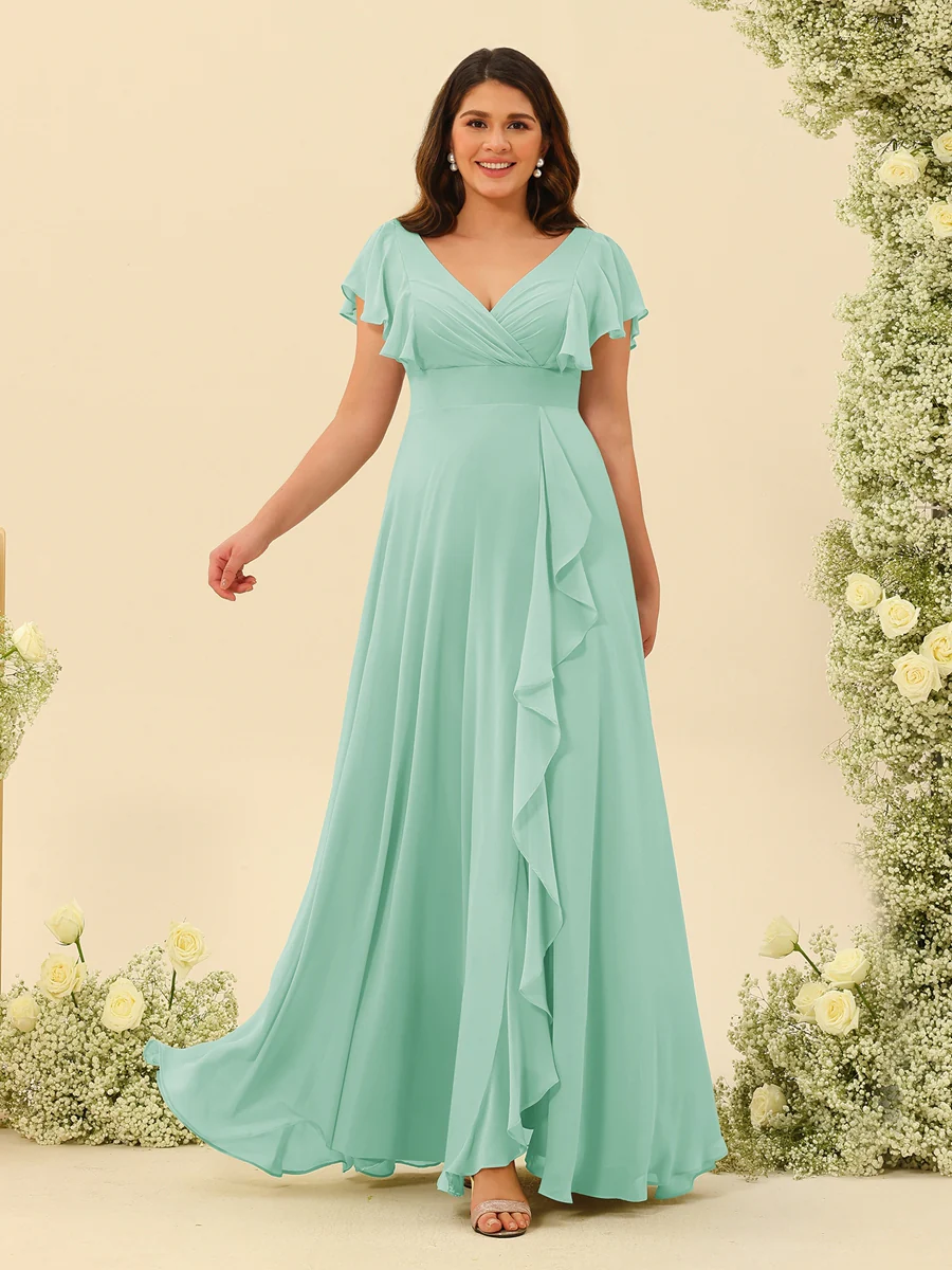 A-Line/Princess V-Neck Plus Size Bridesmaid Dresses with Ruffles - Image 57
