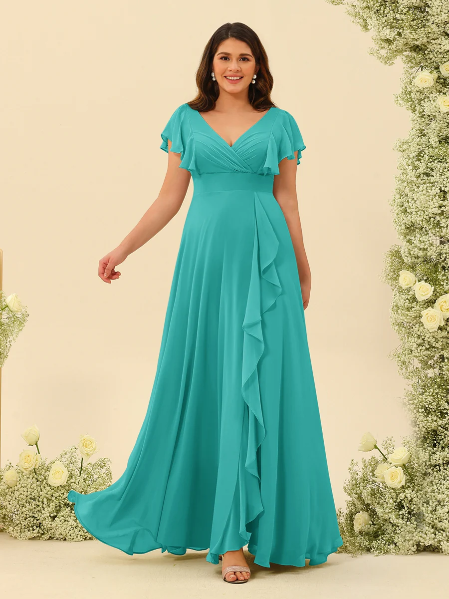 A-Line/Princess V-Neck Plus Size Bridesmaid Dresses with Ruffles - Image 59