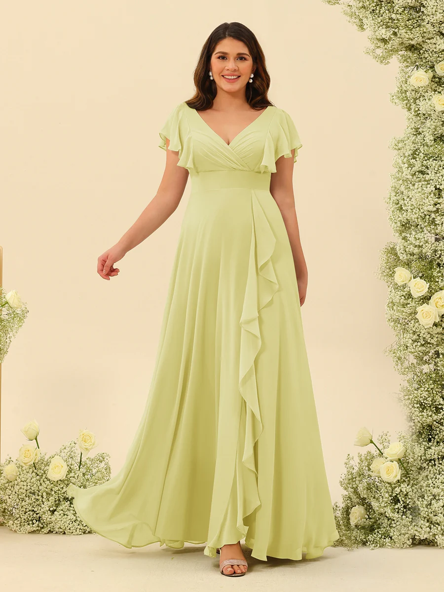 A-Line/Princess V-Neck Plus Size Bridesmaid Dresses with Ruffles - Image 65