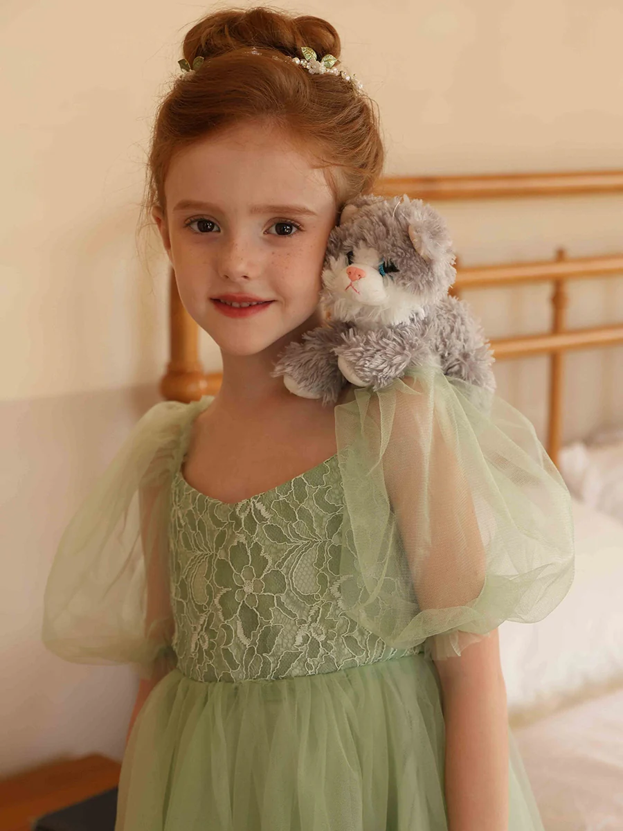 A-Line/Princess V-Neck Puff Sleeves Tulle Flower Girl Dresses - Image 5