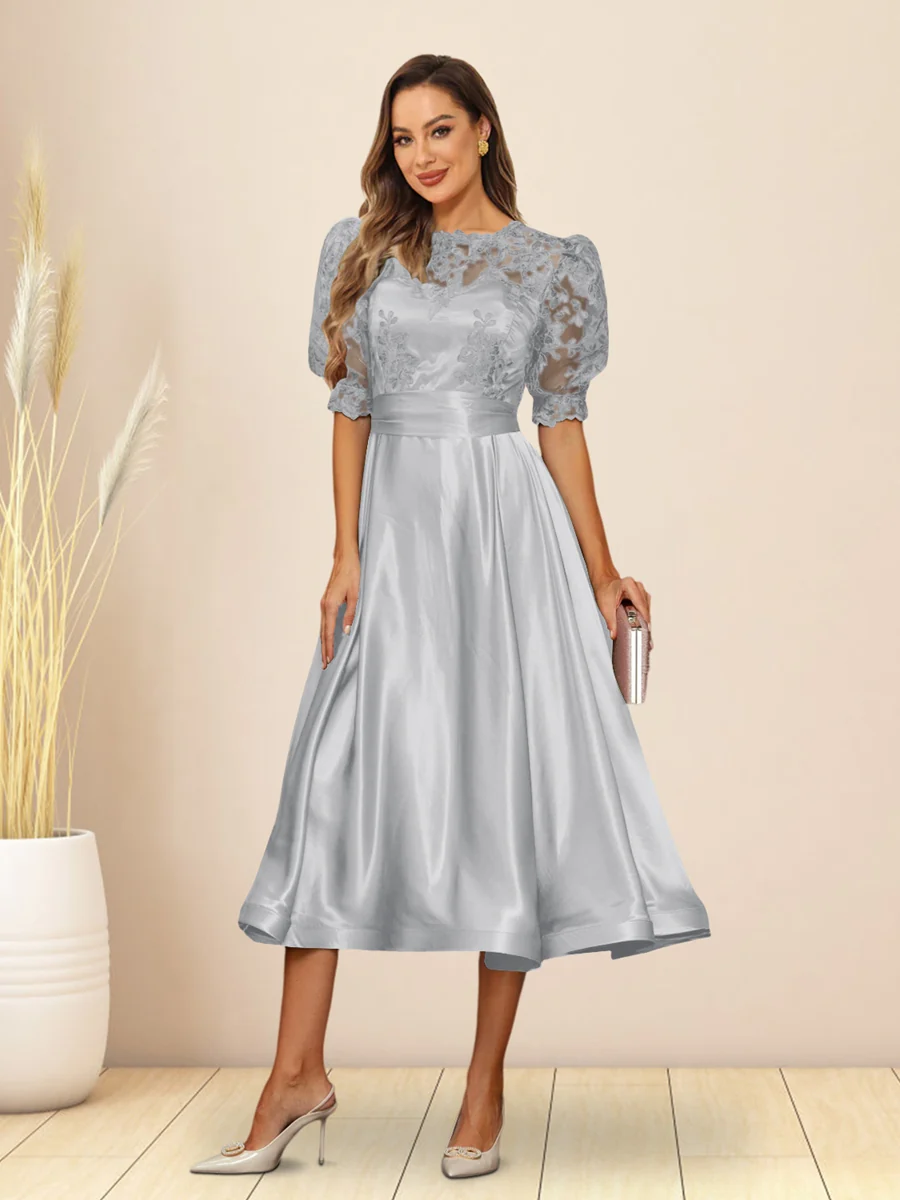 A-Line/Princess V-Neck Puffy Sleeves Tea-Length Evening Dresses - Image 13