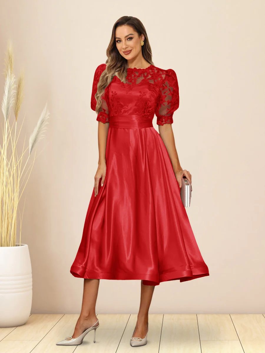 A-Line/Princess V-Neck Puffy Sleeves Tea-Length Evening Dresses - Image 25