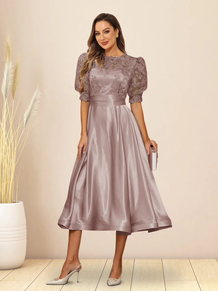 A-Line/Princess V-Neck Puffy Sleeves Tea-Length Evening Dresses - Image 3