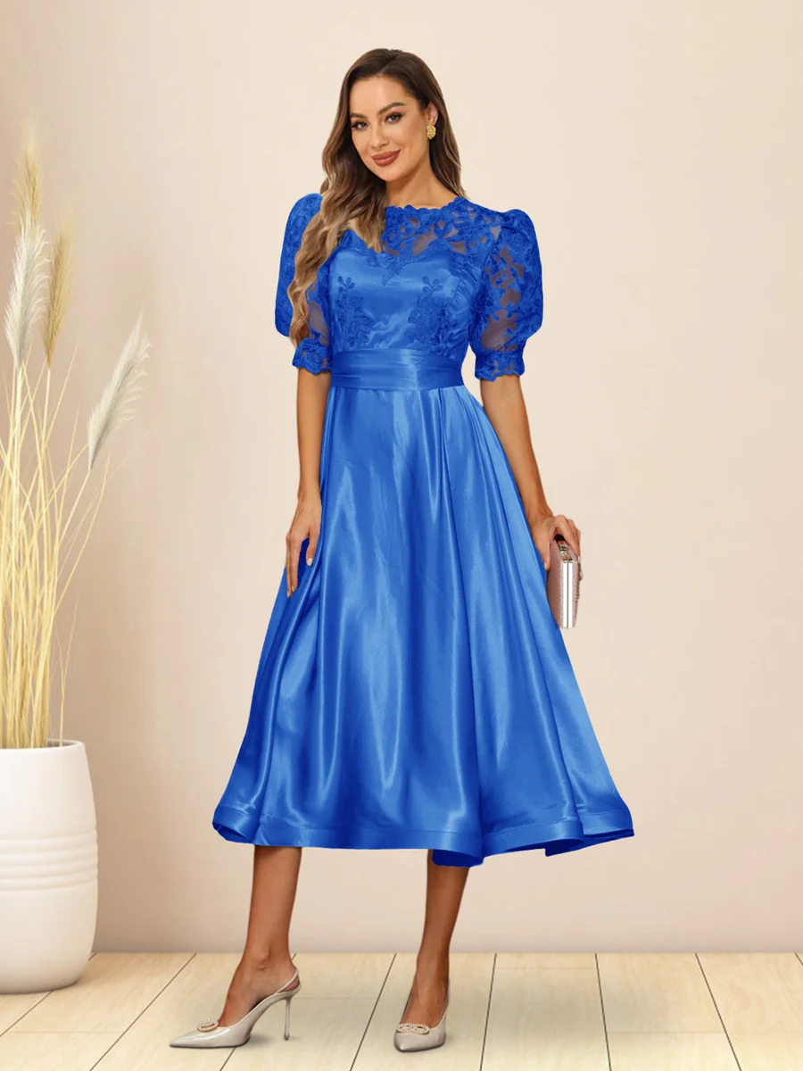 A-Line/Princess V-Neck Puffy Sleeves Tea-Length Evening Dresses - Image 38
