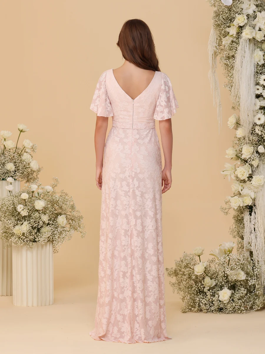 A-Line/Princess V-Neck Ruffle Short Sleeves Ruched Floor-Length Bridesmaid Dresses With Side Slit - Image 2