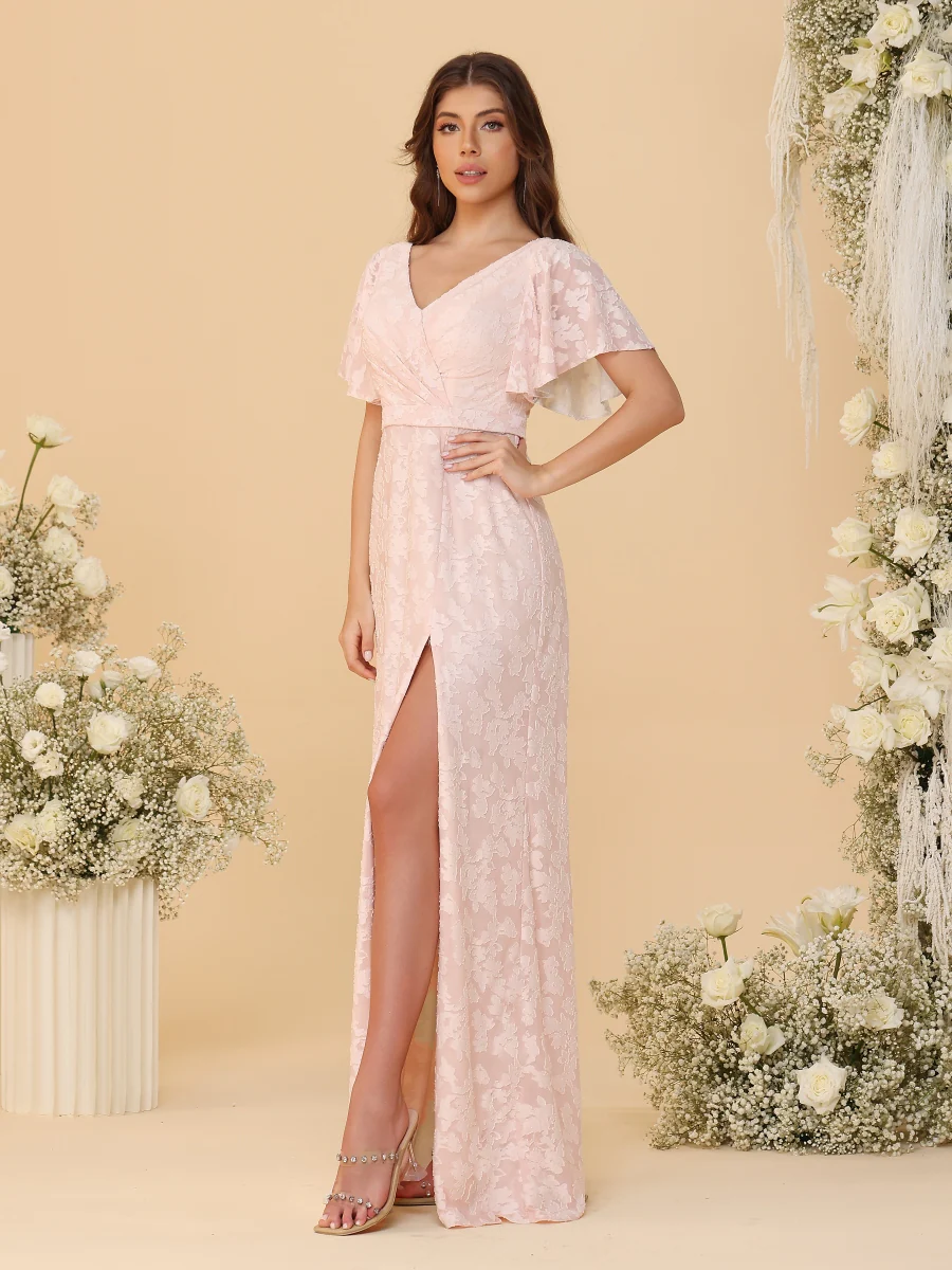 A-Line/Princess V-Neck Ruffle Short Sleeves Ruched Floor-Length Bridesmaid Dresses With Side Slit - Image 5