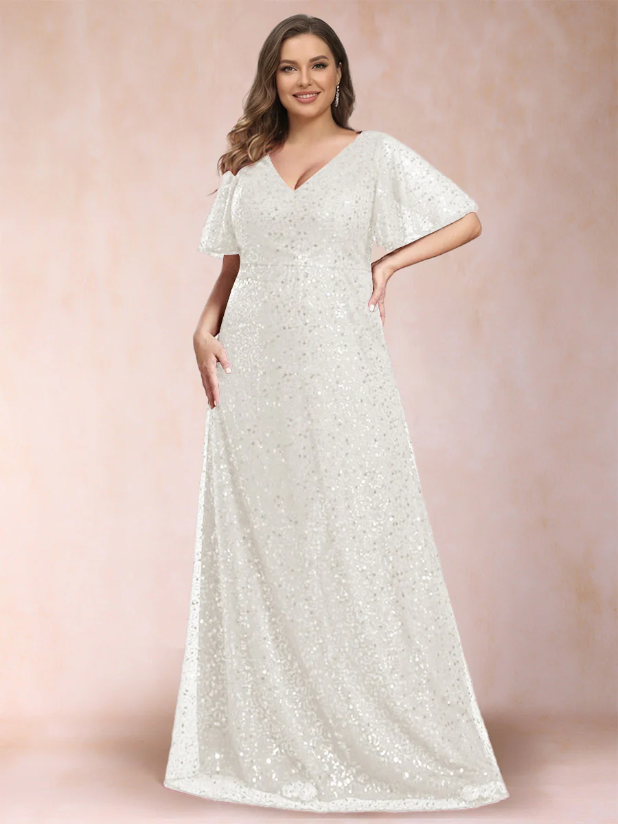 A-Line/Princess V-Neck Sequins Plus Size Mother of the Bride Dresses - Image 11