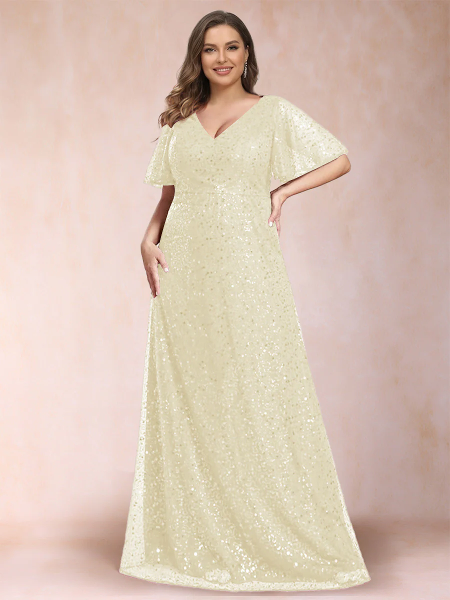 A-Line/Princess V-Neck Sequins Plus Size Mother of the Bride Dresses - Image 12