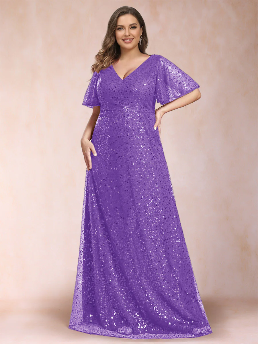 A-Line/Princess V-Neck Sequins Plus Size Mother of the Bride Dresses - Image 15