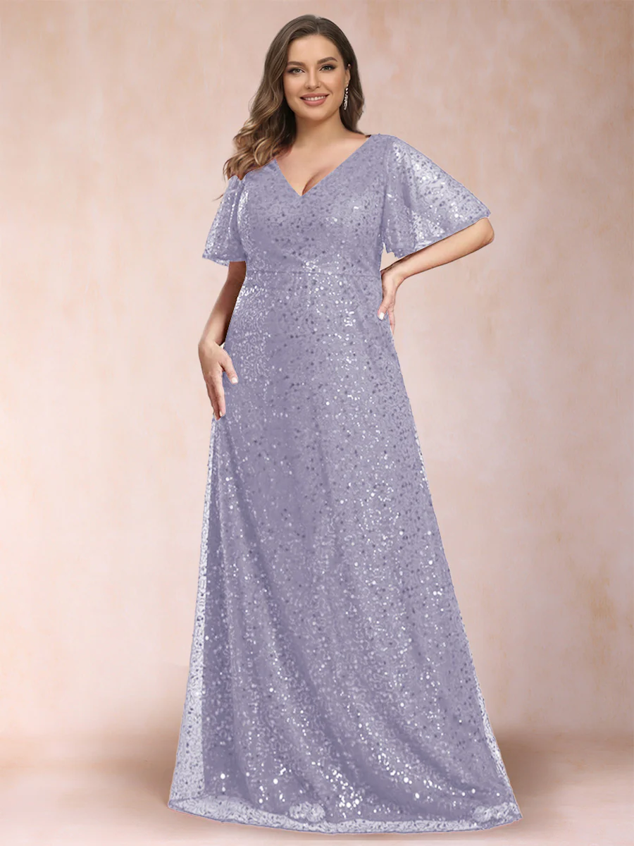 A-Line/Princess V-Neck Sequins Plus Size Mother of the Bride Dresses - Image 16