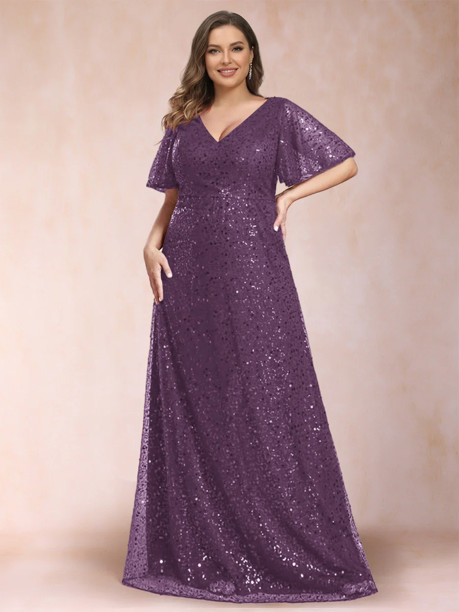 A-Line/Princess V-Neck Sequins Plus Size Mother of the Bride Dresses - Image 17
