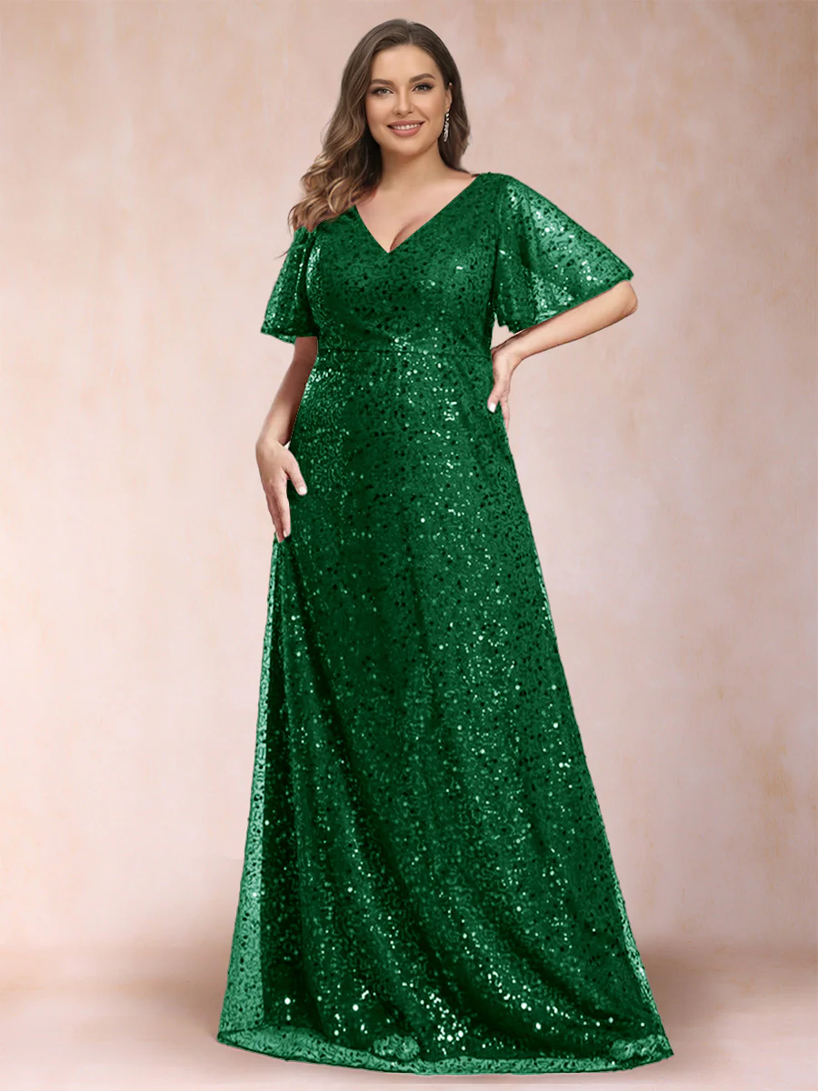 A-Line/Princess V-Neck Sequins Plus Size Mother of the Bride Dresses - Image 18