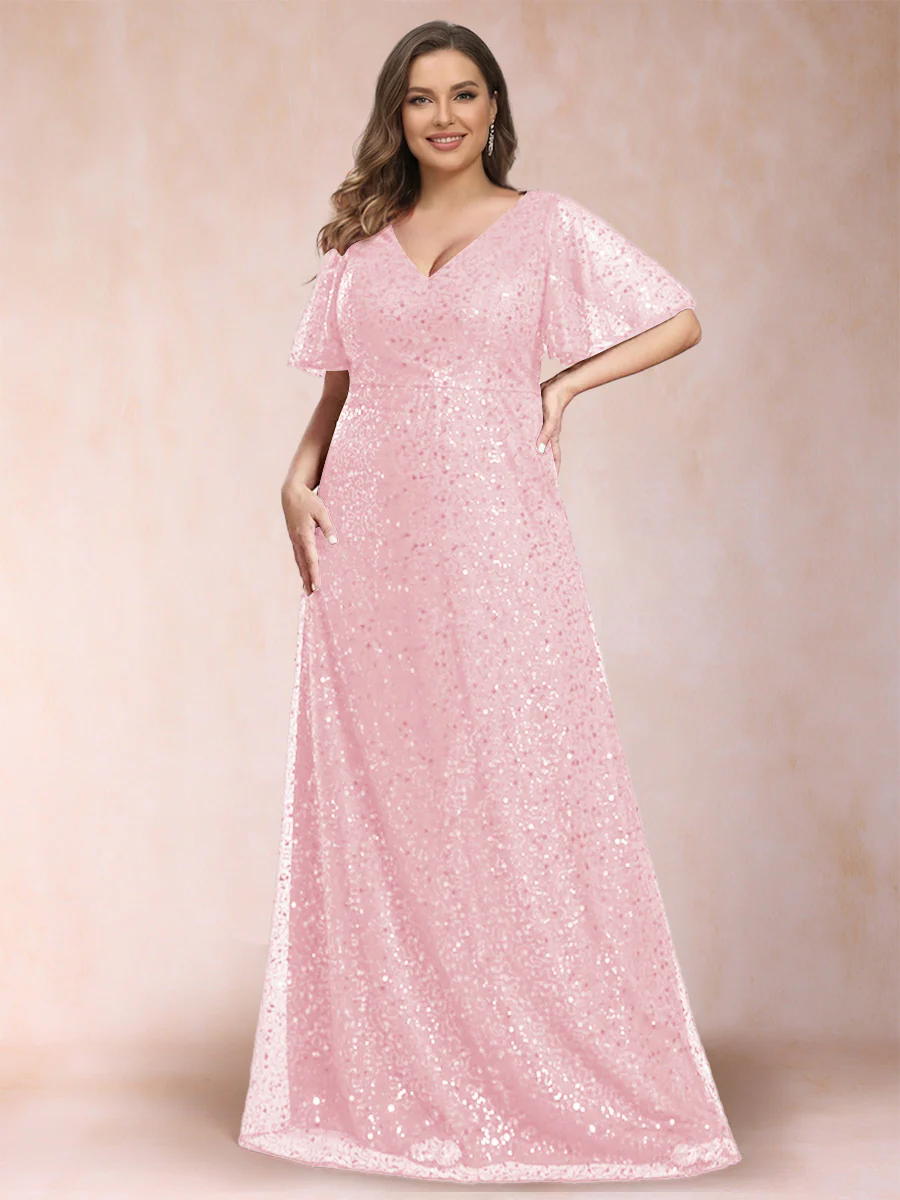A-Line/Princess V-Neck Sequins Plus Size Mother of the Bride Dresses - Image 19