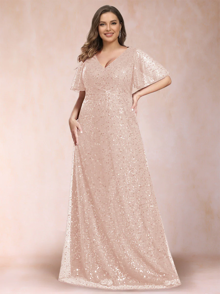 A-Line/Princess V-Neck Sequins Plus Size Mother of the Bride Dresses - Image 21