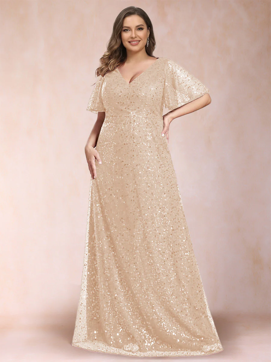 A-Line/Princess V-Neck Sequins Plus Size Mother of the Bride Dresses - Image 22