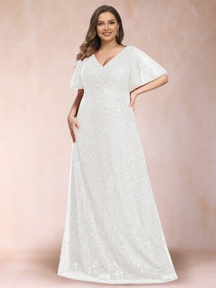A-Line/Princess V-Neck Sequins Plus Size Mother of the Bride Dresses - Image 23