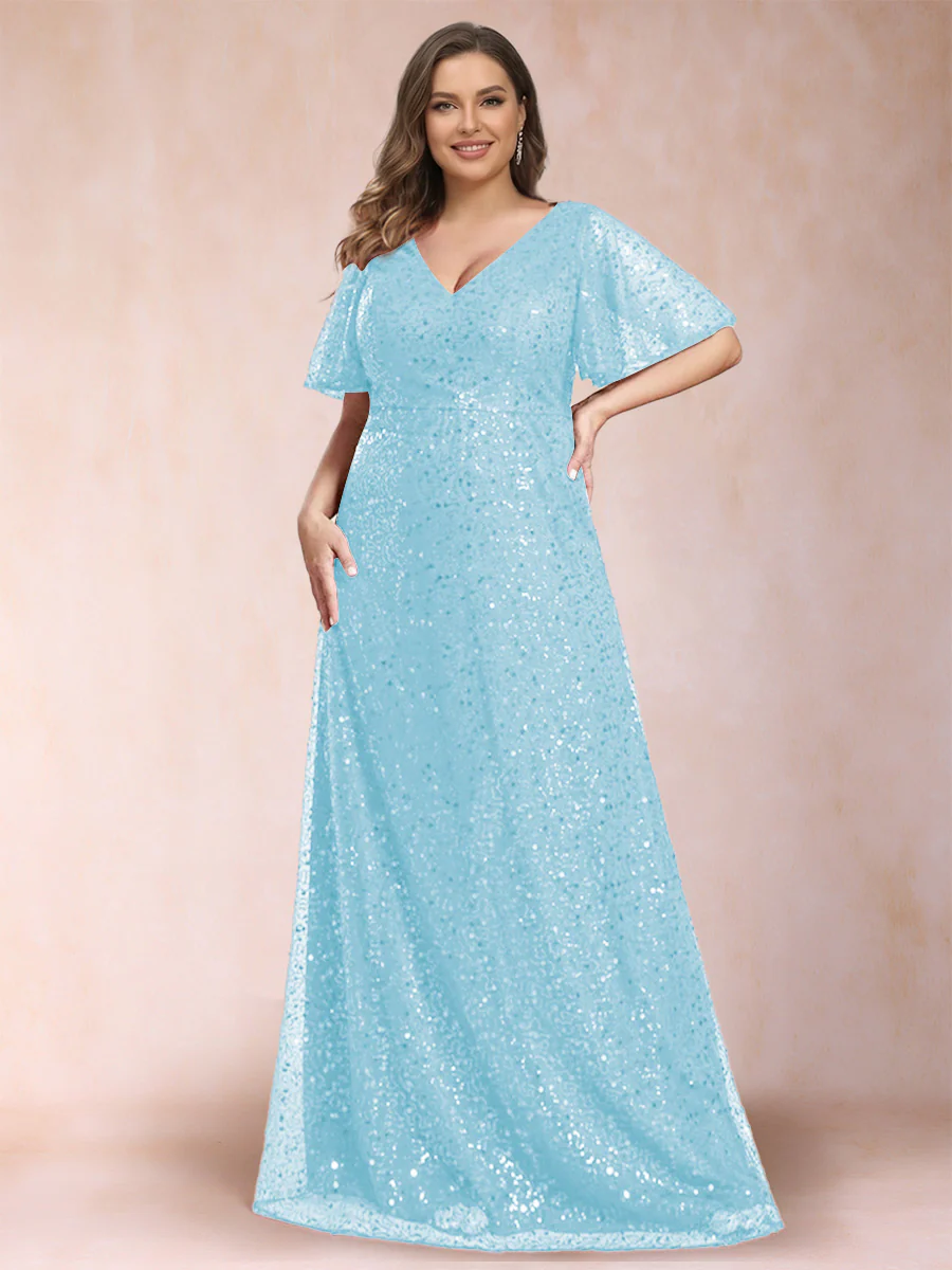 A-Line/Princess V-Neck Sequins Plus Size Mother of the Bride Dresses - Image 3