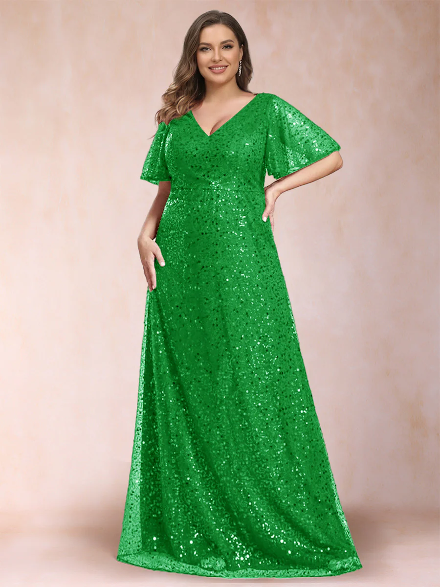 A-Line/Princess V-Neck Sequins Plus Size Mother of the Bride Dresses - Image 31