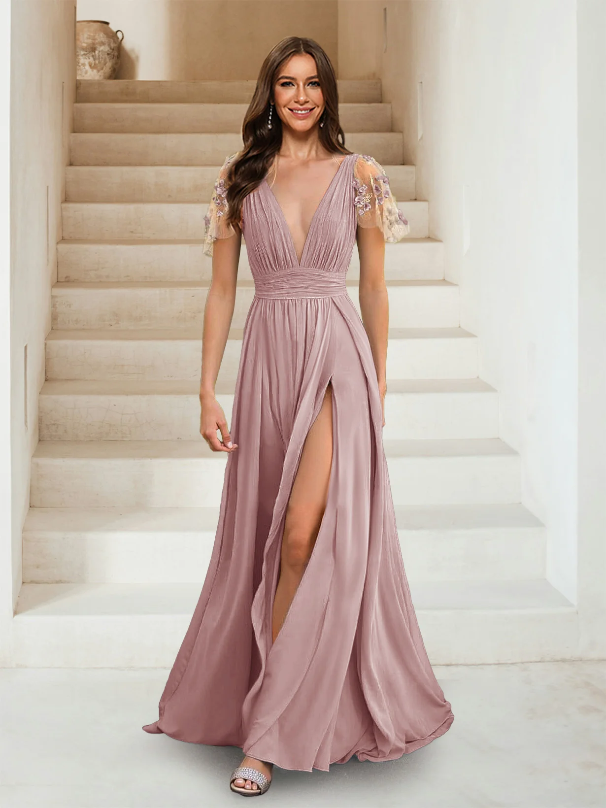 A-Line/Princess V-Neck Short Sleeves Applique Bridesmaid Dresses - Image 16
