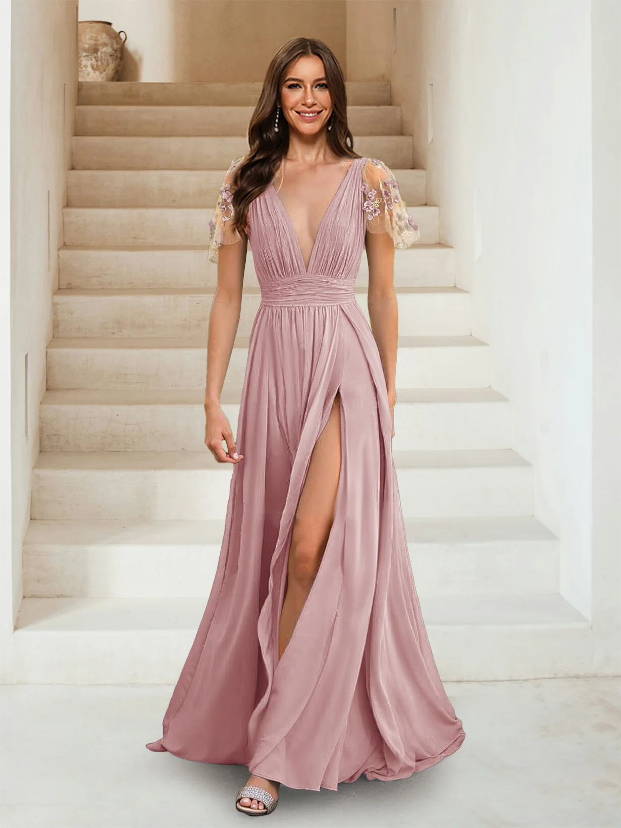 A-Line/Princess V-Neck Short Sleeves Applique Bridesmaid Dresses - Image 39