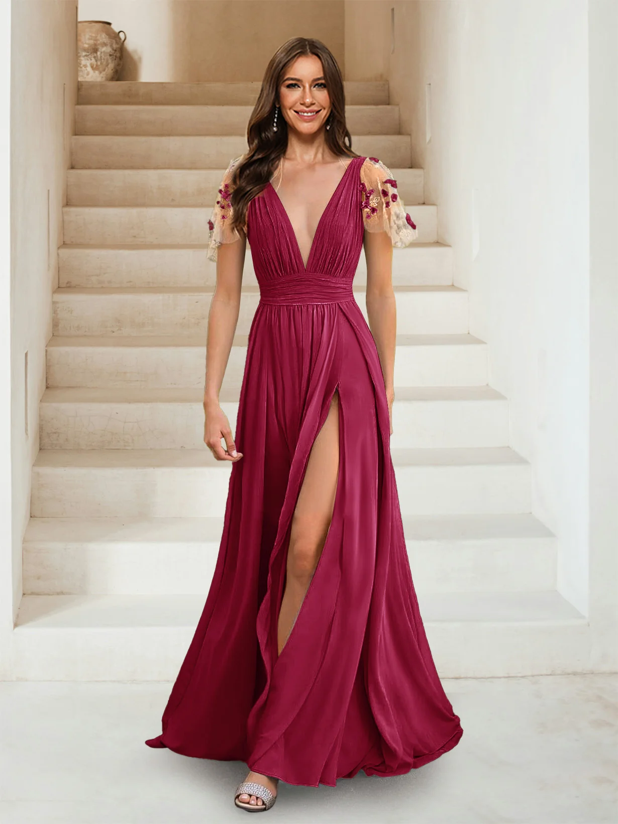 A-Line/Princess V-Neck Short Sleeves Applique Bridesmaid Dresses - Image 71