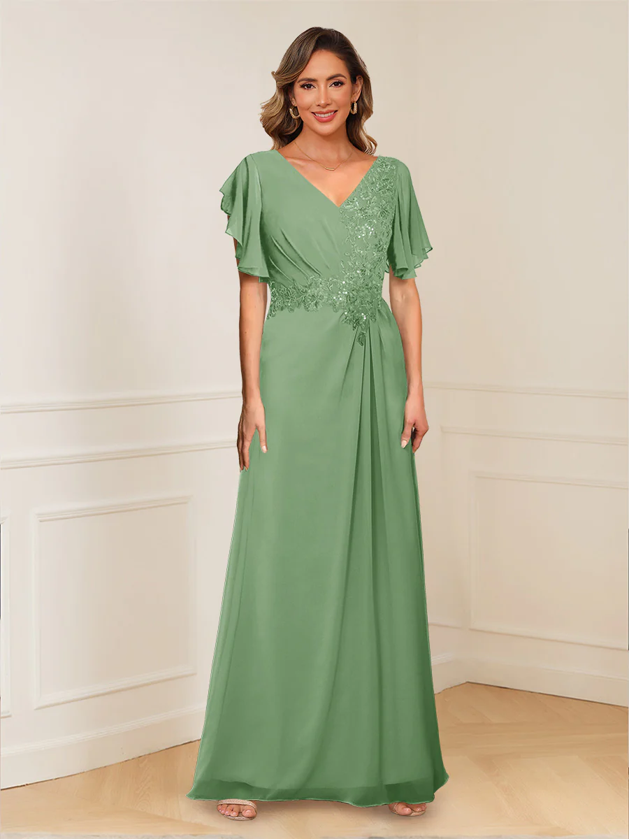 A-Line/Princess V-Neck Short Sleeves Appliques Ruched Mother of the Bride Dresses - Image 19