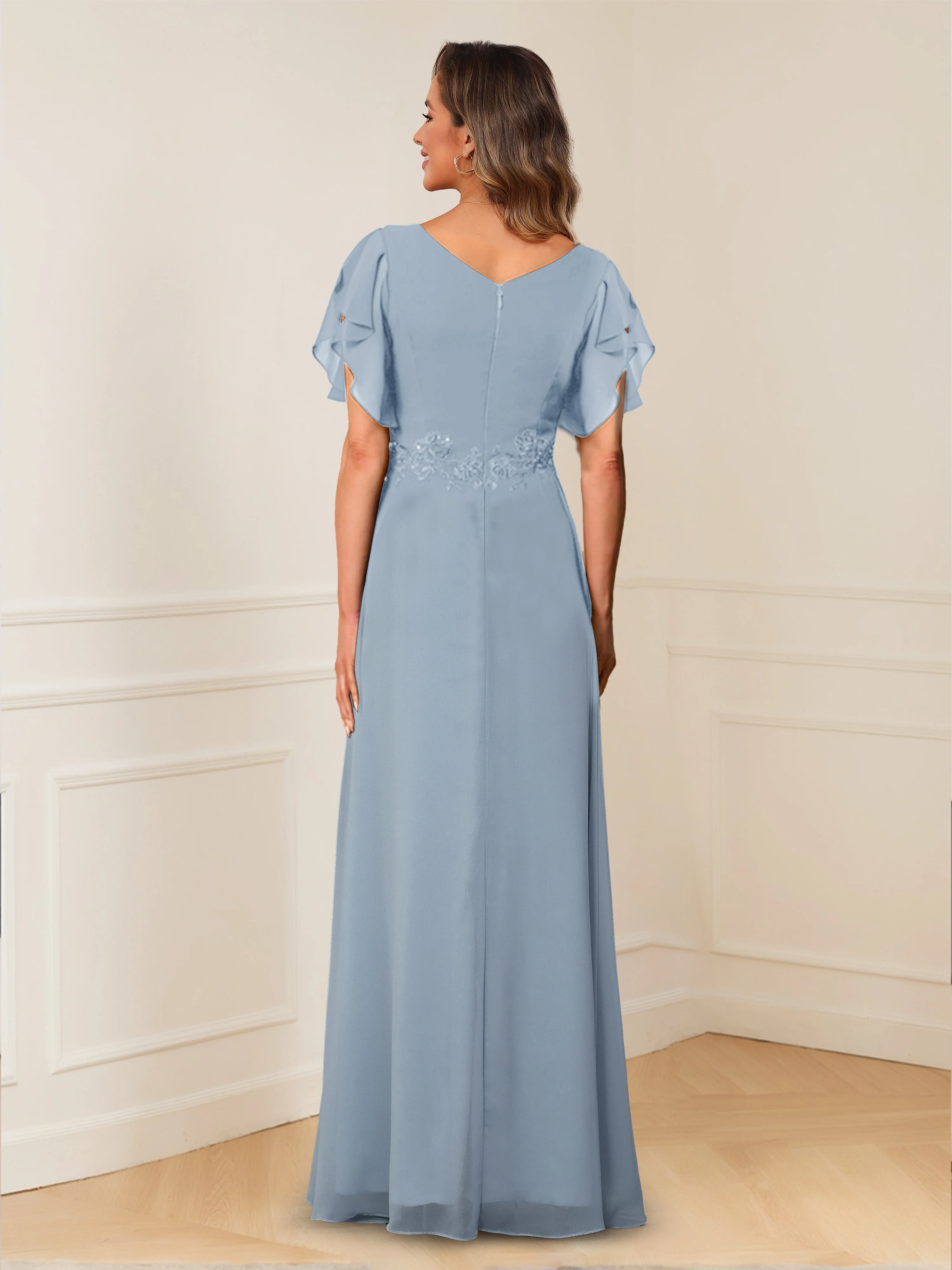 A-Line/Princess V-Neck Short Sleeves Appliques Ruched Mother of the Bride Dresses - Image 2
