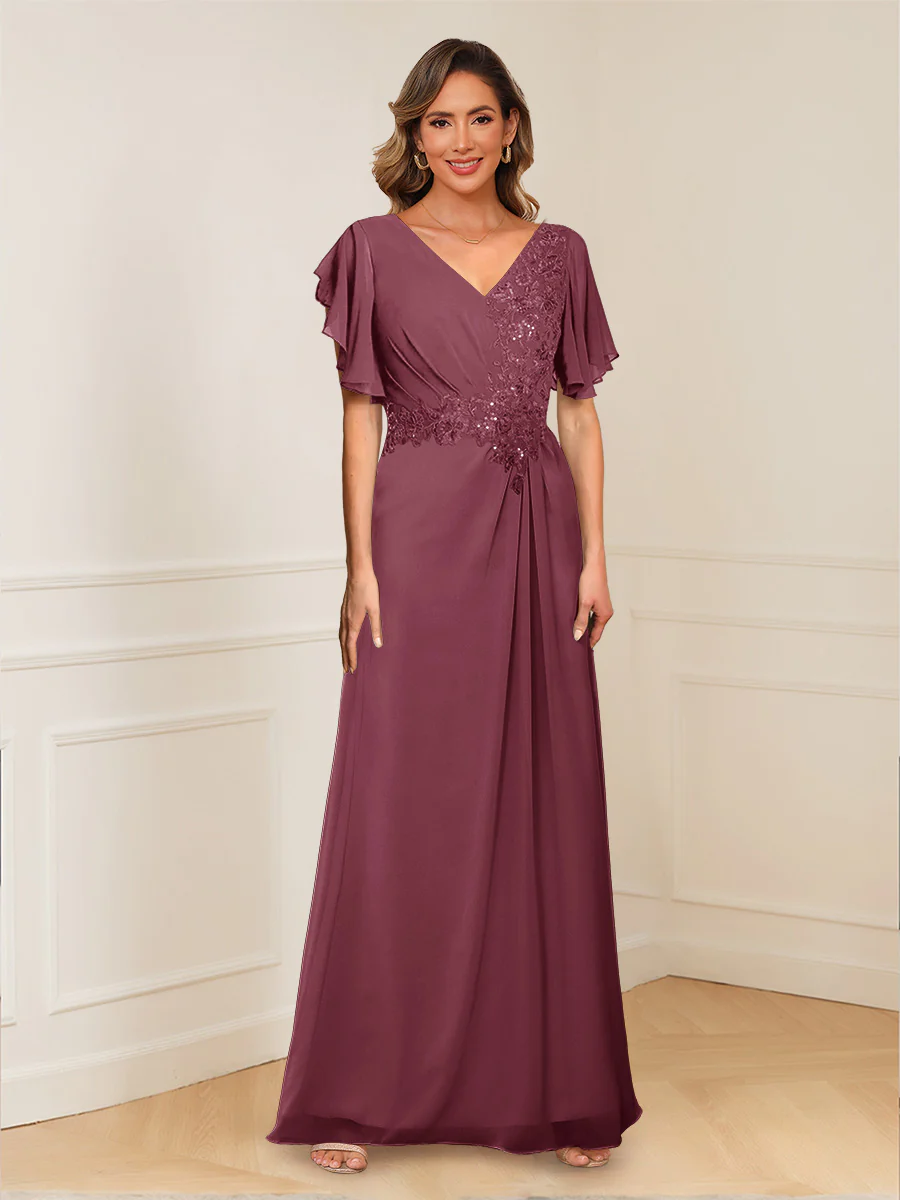 A-Line/Princess V-Neck Short Sleeves Appliques Ruched Mother of the Bride Dresses - Image 42