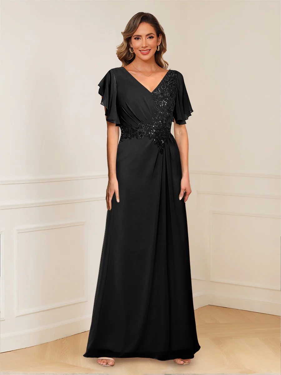 A-Line/Princess V-Neck Short Sleeves Appliques Ruched Mother of the Bride Dresses - Image 6