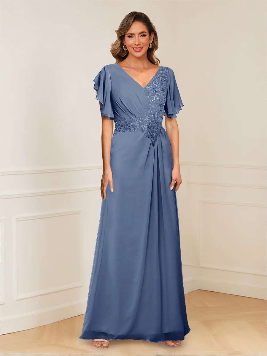 A-Line/Princess V-Neck Short Sleeves Appliques Ruched Mother of the Bride Dresses - Image 65