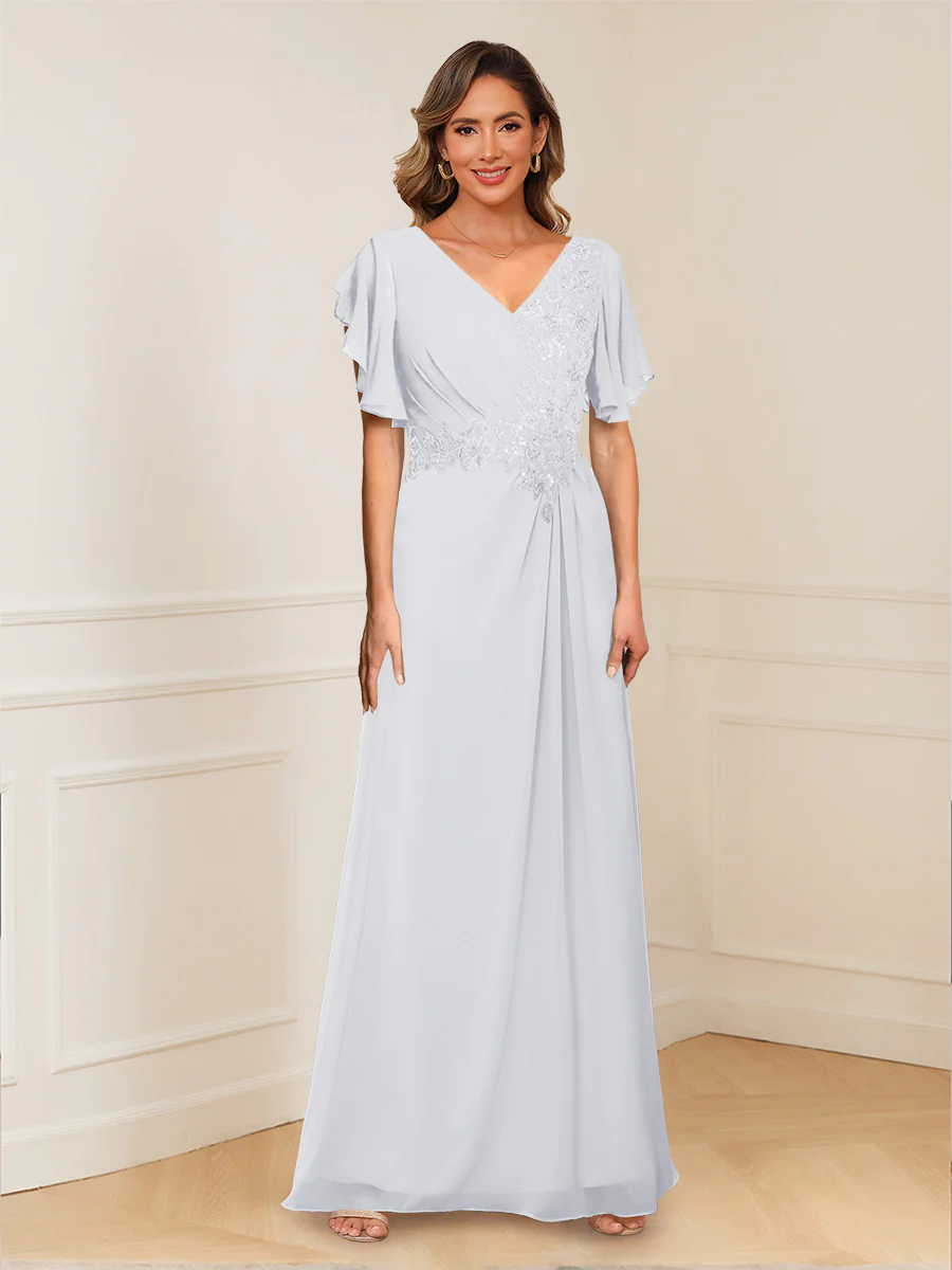 A-Line/Princess V-Neck Short Sleeves Appliques Ruched Mother of the Bride Dresses - Image 70