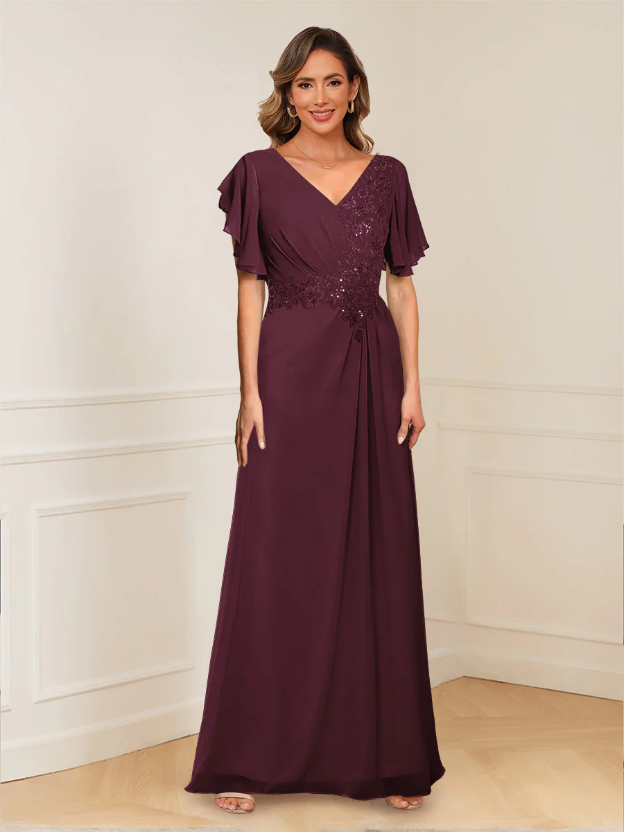 A-Line/Princess V-Neck Short Sleeves Appliques Ruched Mother of the Bride Dresses - Image 9