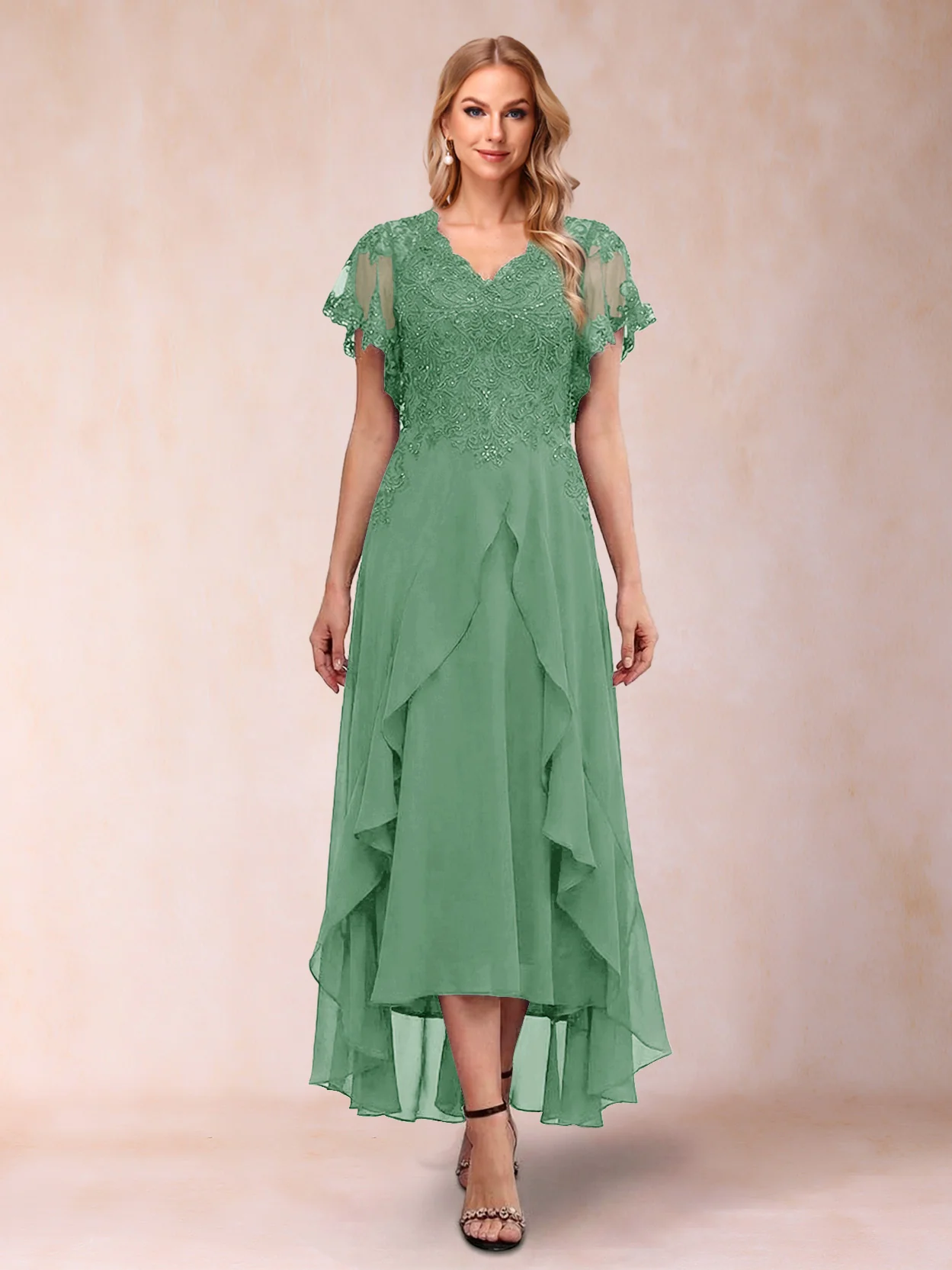 A-Line/Princess V-Neck Short Sleeves Asymmetrical Tea-Length Mother of the Bride Dresses with Appliques & Ruffles - Image 20