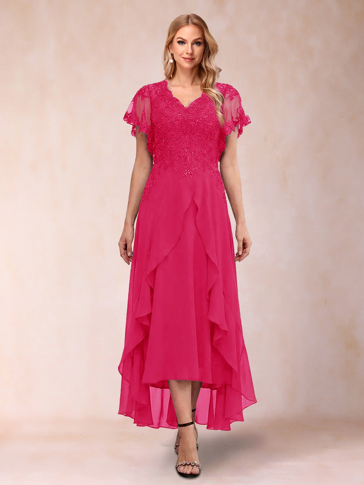 A-Line/Princess V-Neck Short Sleeves Asymmetrical Tea-Length Mother of the Bride Dresses with Appliques & Ruffles - Image 22