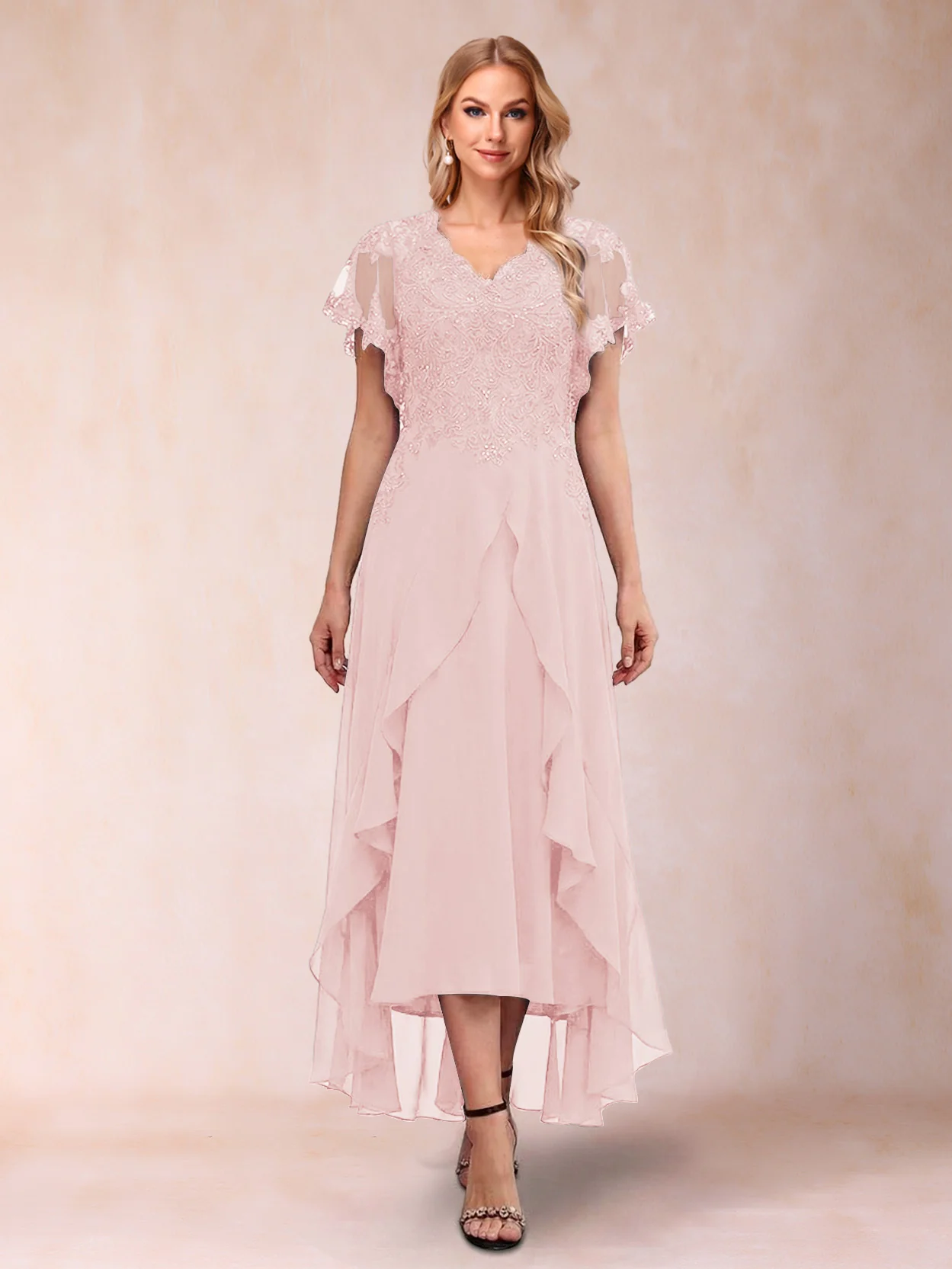 A-Line/Princess V-Neck Short Sleeves Asymmetrical Tea-Length Mother of the Bride Dresses with Appliques & Ruffles - Image 33