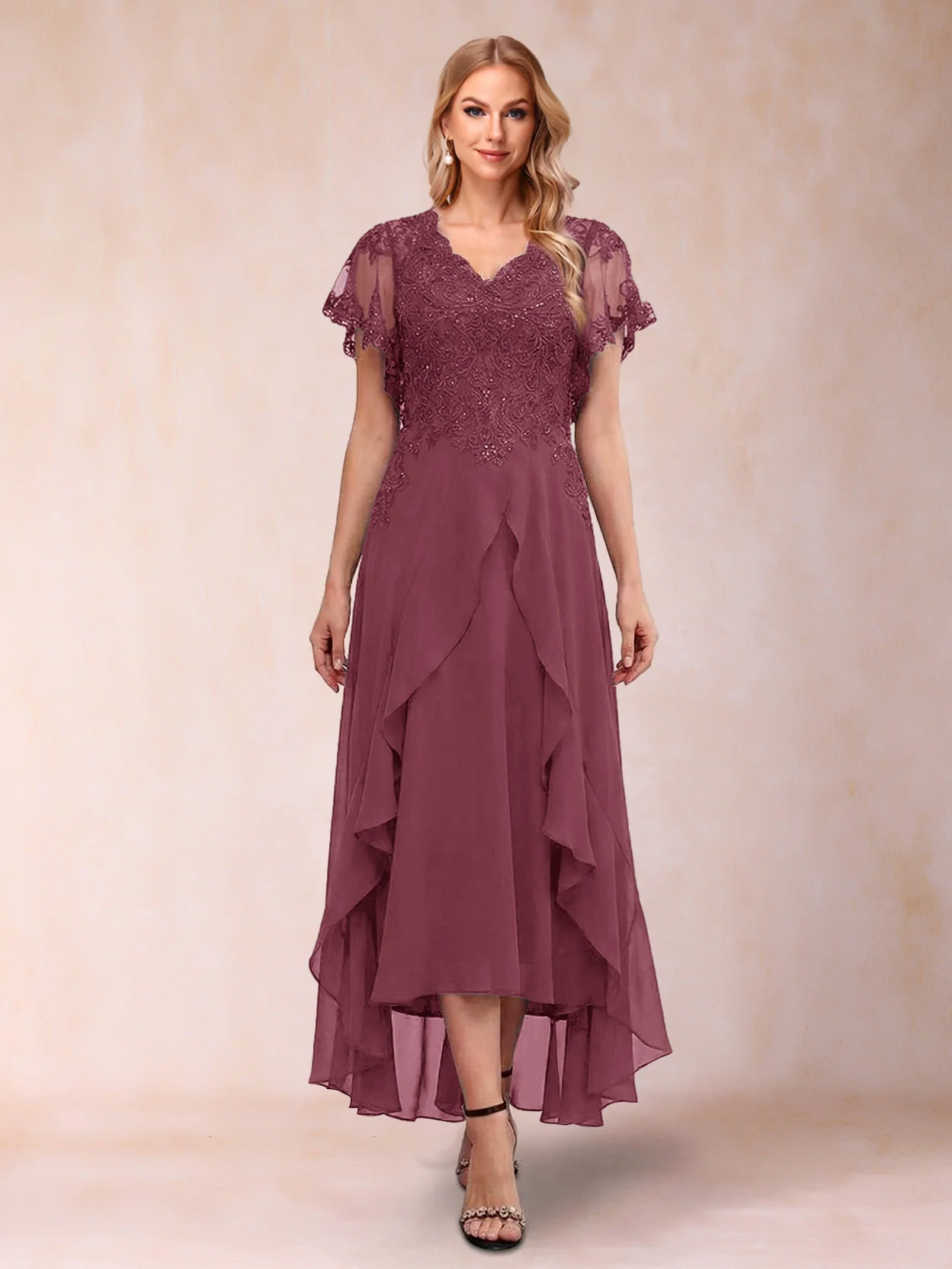 A-Line/Princess V-Neck Short Sleeves Asymmetrical Tea-Length Mother of the Bride Dresses with Appliques & Ruffles - Image 41