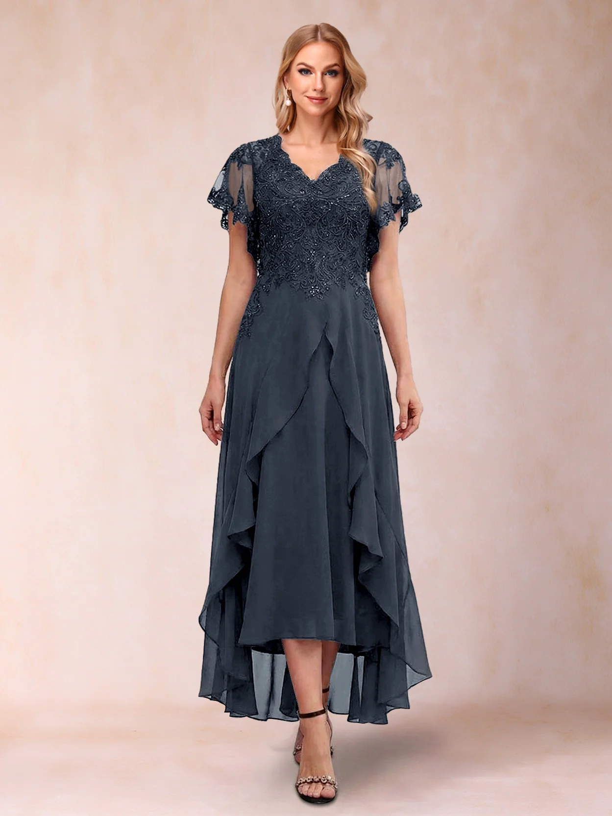 A-Line/Princess V-Neck Short Sleeves Asymmetrical Tea-Length Mother of the Bride Dresses with Appliques & Ruffles - Image 43