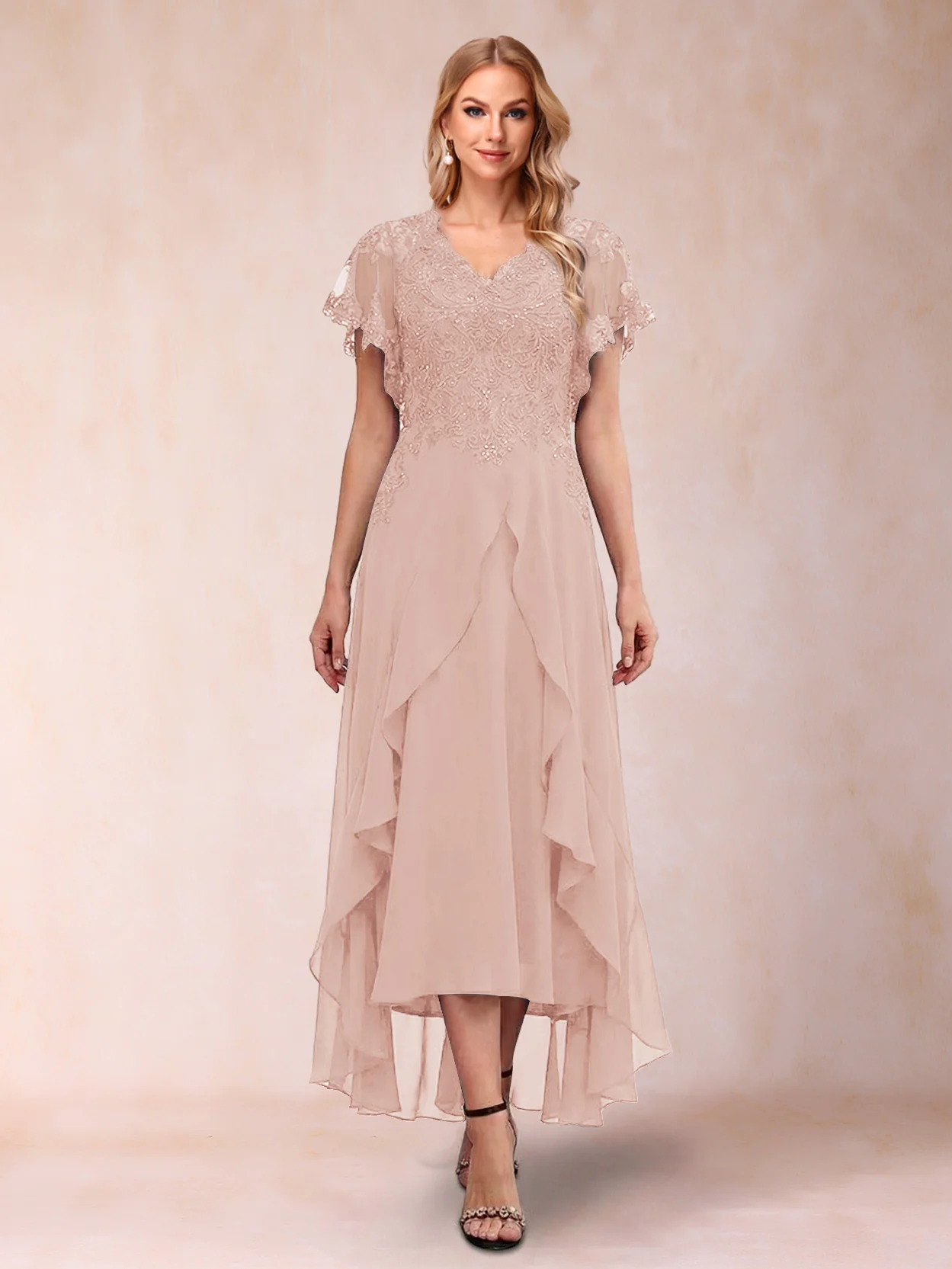 A-Line/Princess V-Neck Short Sleeves Asymmetrical Tea-Length Mother of the Bride Dresses with Appliques & Ruffles - Image 5