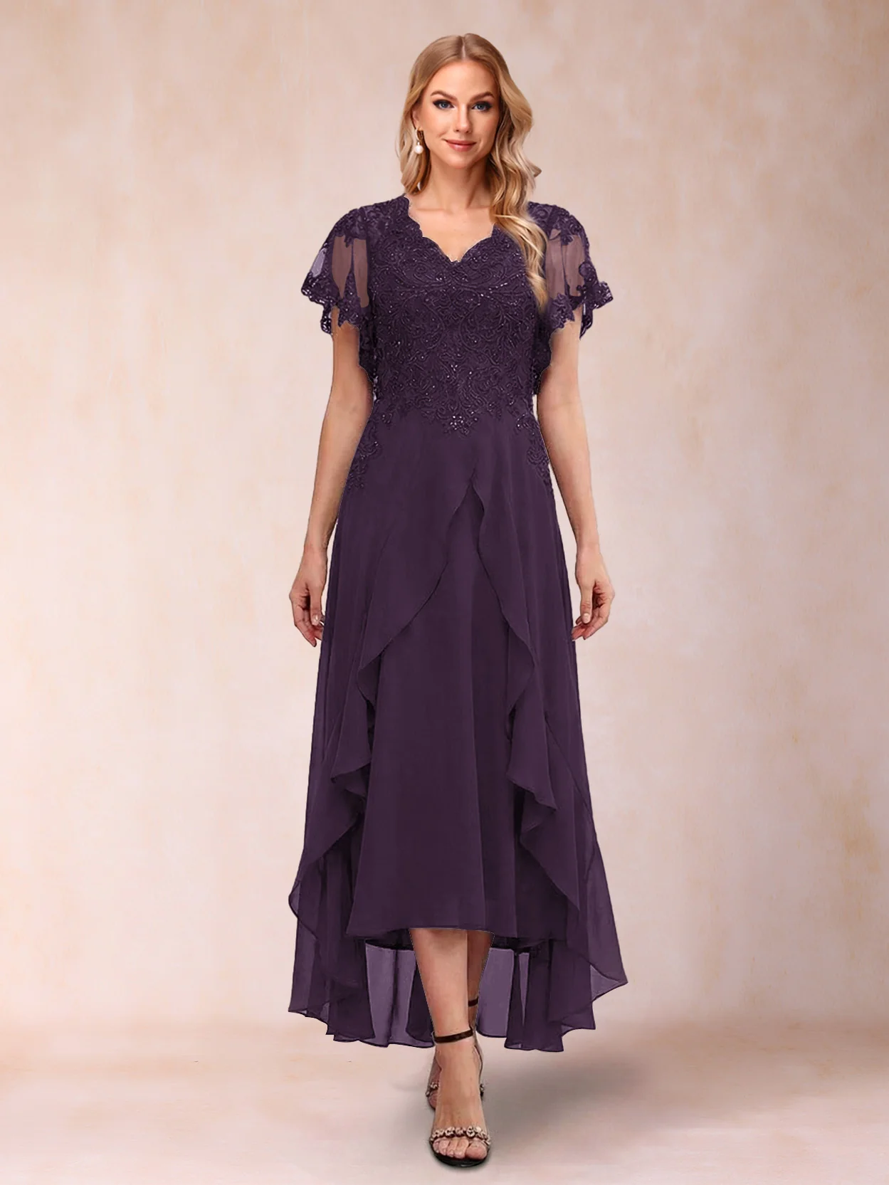 A-Line/Princess V-Neck Short Sleeves Asymmetrical Tea-Length Mother of the Bride Dresses with Appliques & Ruffles - Image 53