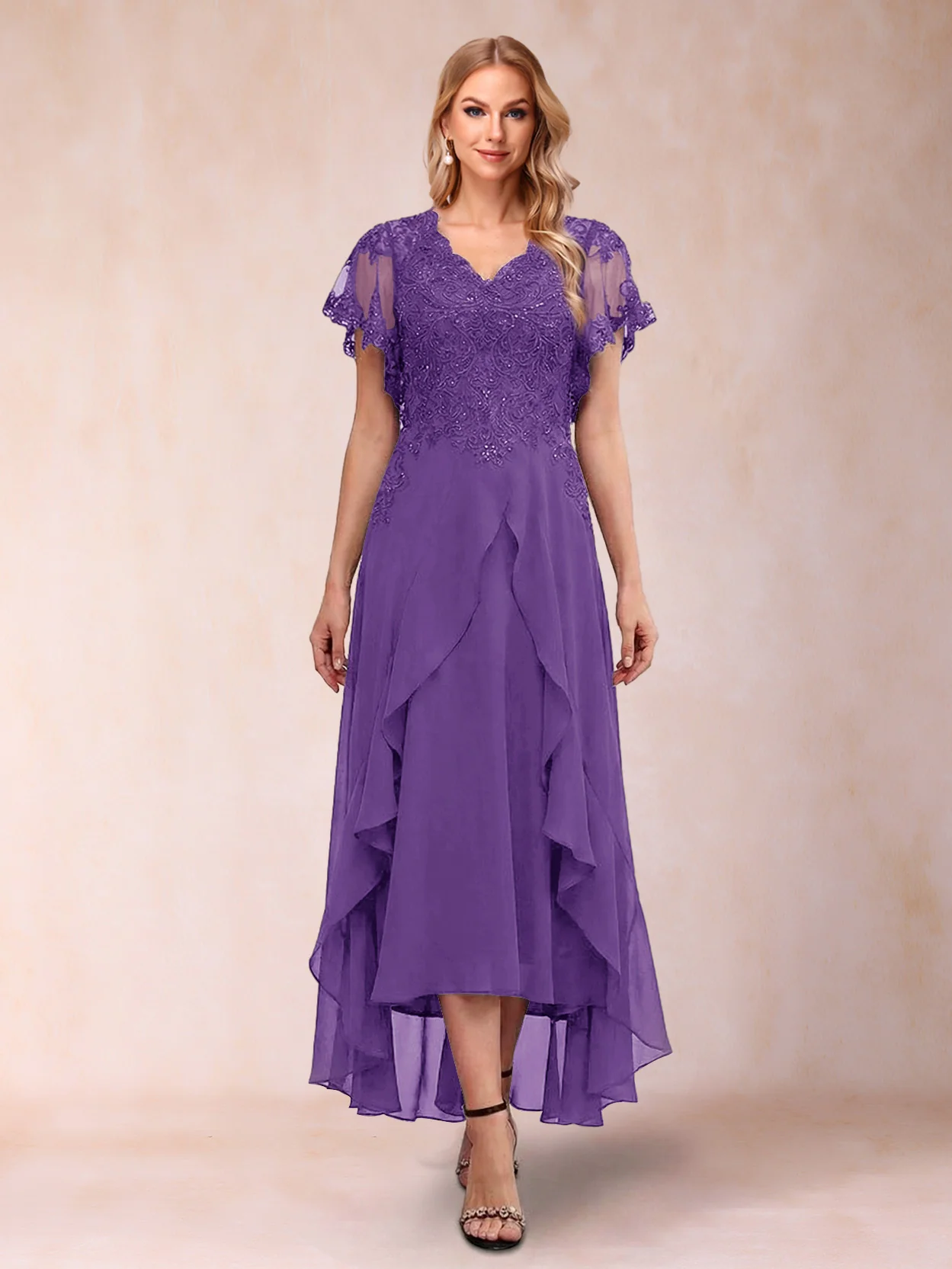 A-Line/Princess V-Neck Short Sleeves Asymmetrical Tea-Length Mother of the Bride Dresses with Appliques & Ruffles - Image 54