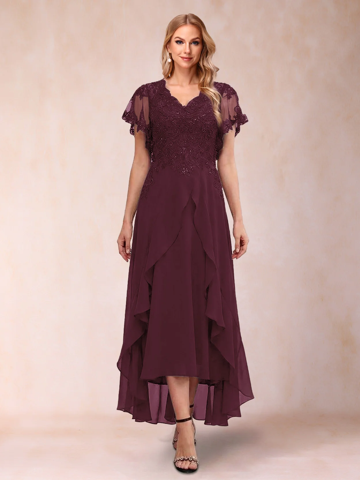 A-Line/Princess V-Neck Short Sleeves Asymmetrical Tea-Length Mother of the Bride Dresses with Appliques & Ruffles - Image 7