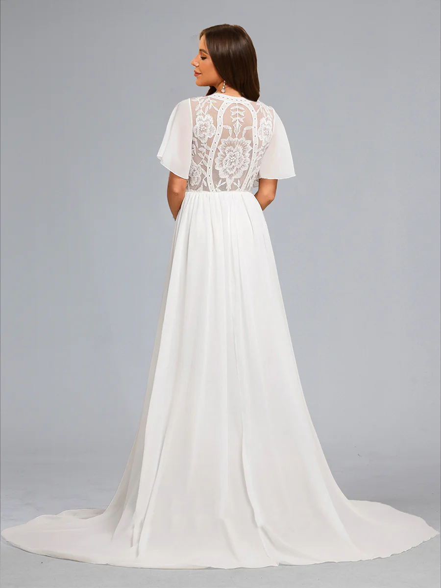 A-Line/Princess V-Neck Short Sleeves Baby Shower Wedding Dresses with Embroidery Appliques - Image 2